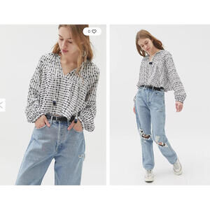 Urban Outfitters Dylan Embroidered Blouse Top Boho Oversized Womens S Navy